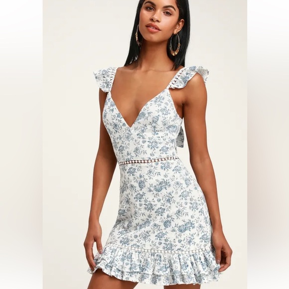 MINKPINK Dresses & Skirts - MINKPINK Skye Rose Blue and White Floral Print Mini Dress small